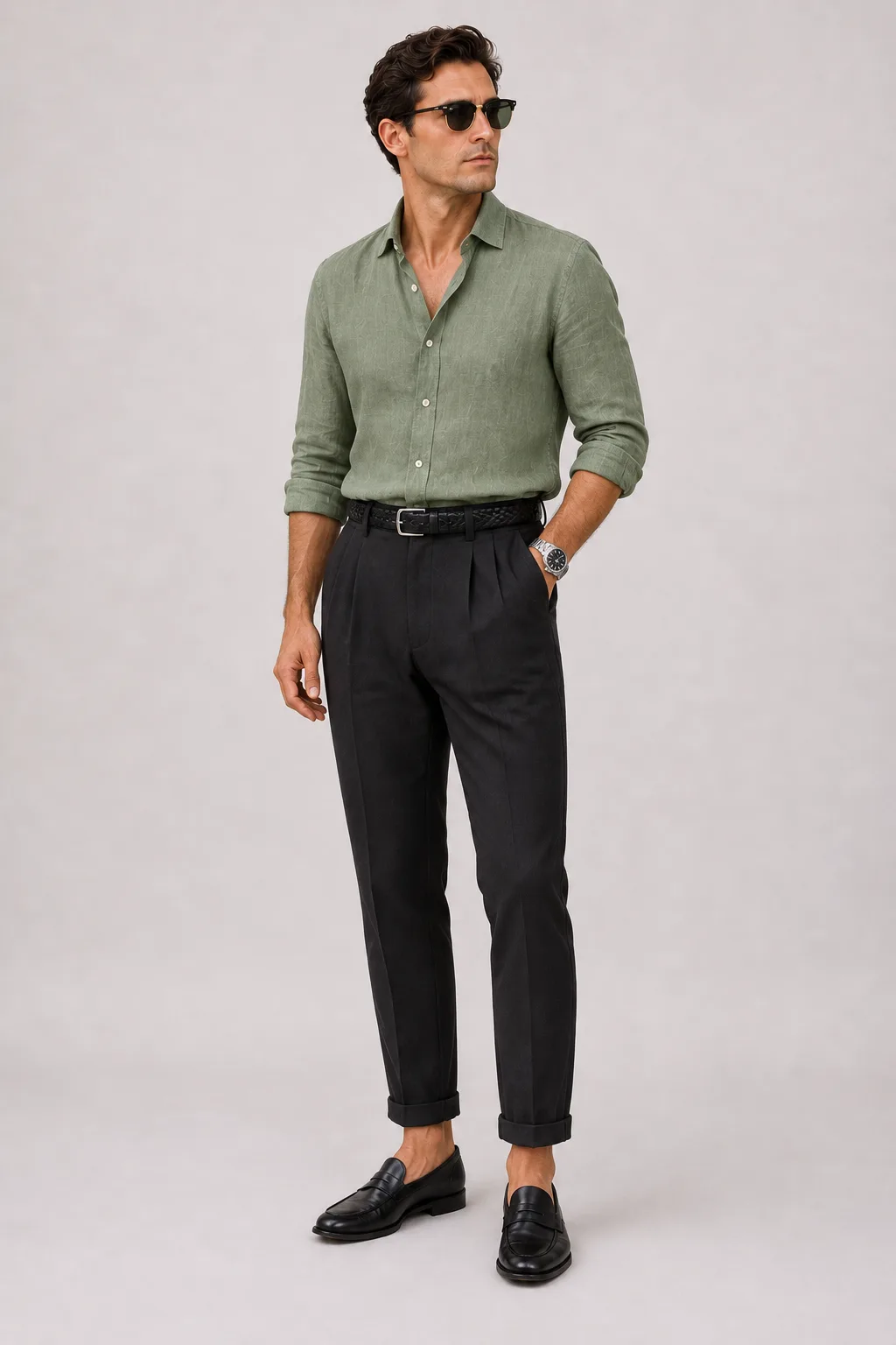 Leinenhemd Salbei, dazu Bundfaltenhose Schwarz und Penny Loafer