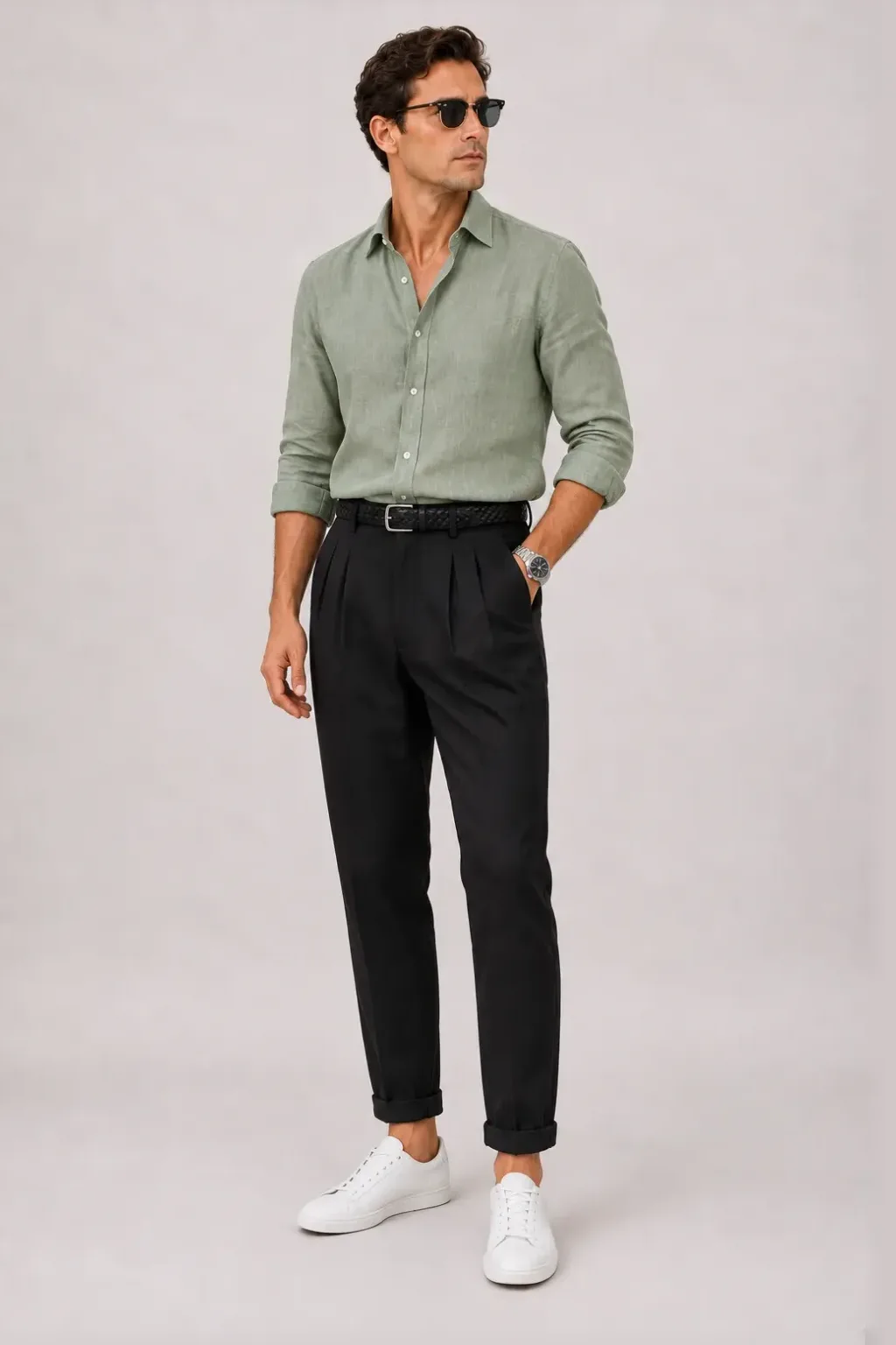 Leinenhemd Salbei, dazu Bundfaltenhose Schwarz und Penny Loafer — Sneaker Weiss