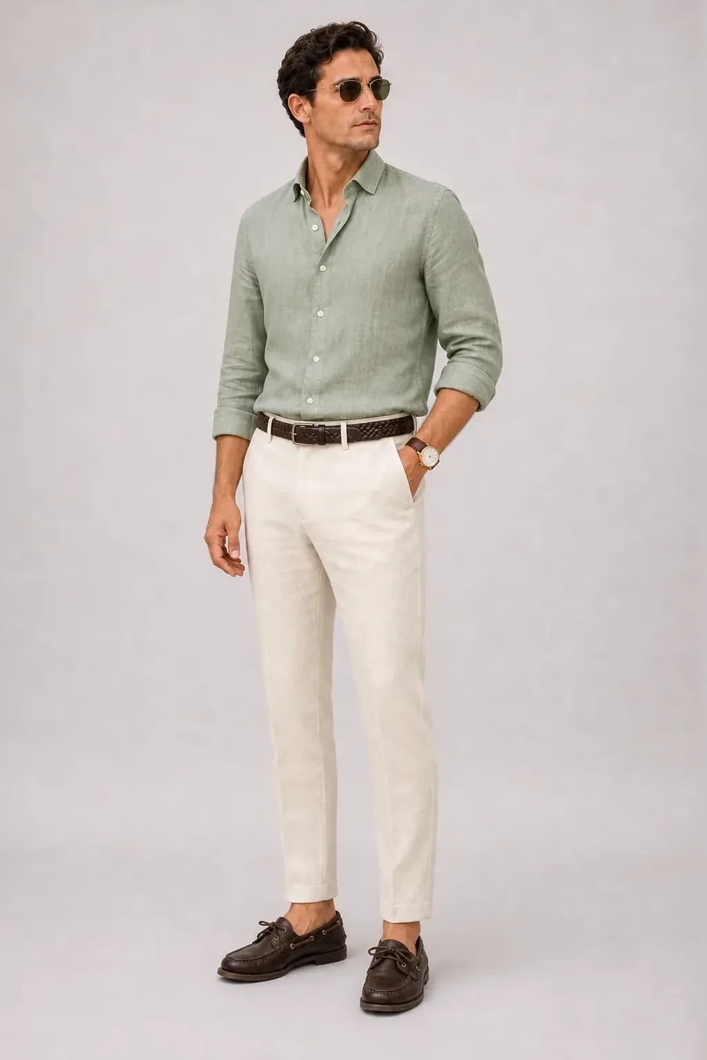 Strickpolo Navy, dazu Leinenhose Creme und Bootsschuh — Leinenhemd Salbei