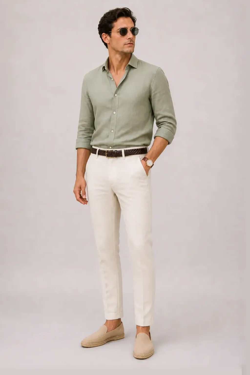 Leinenhemd Salbei, dazu Leinenhose Creme und Bootsschuh