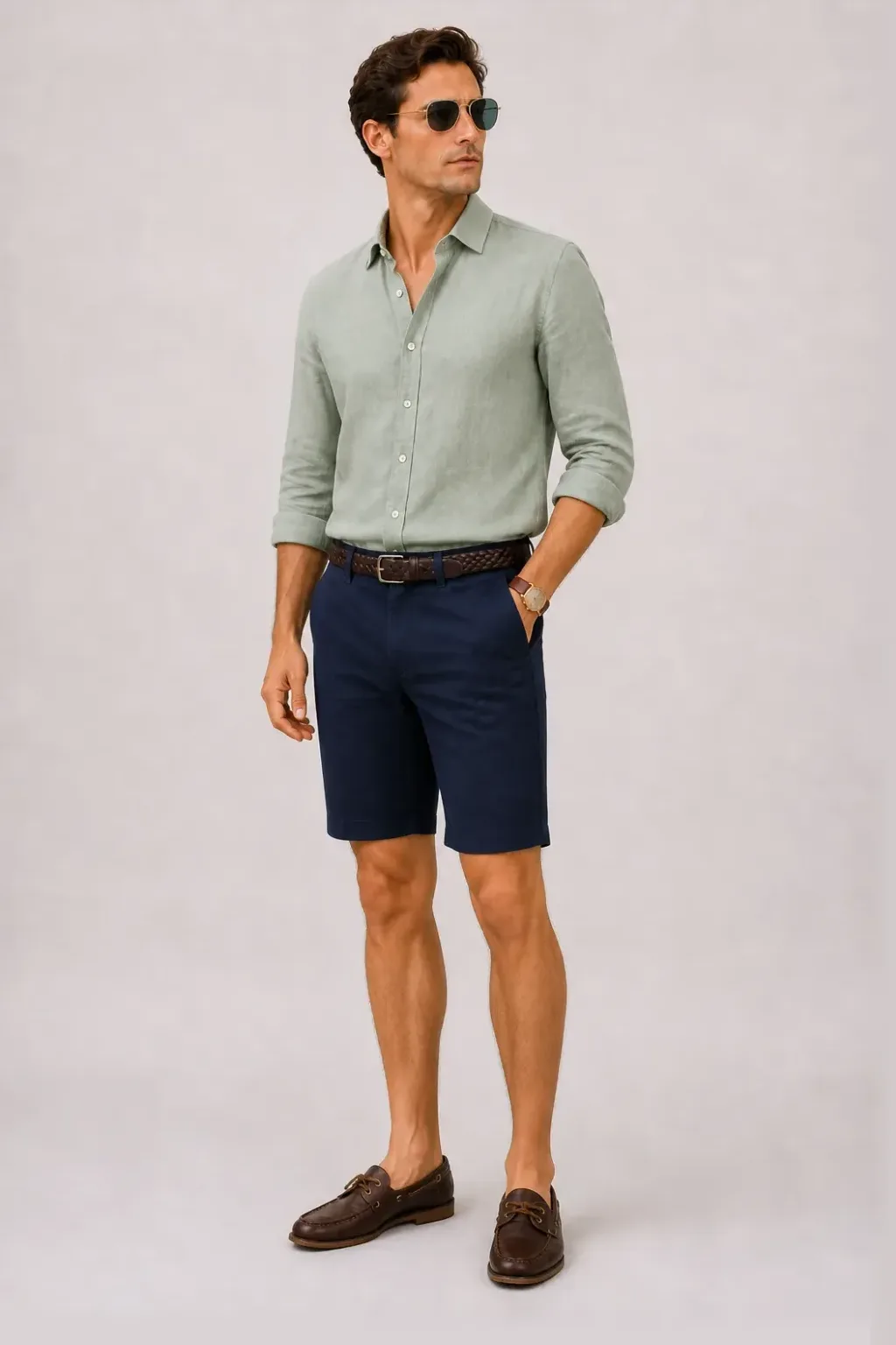 Leinenhemd Salbei, dazu Chino-Shorts Navy und Bootsschuh