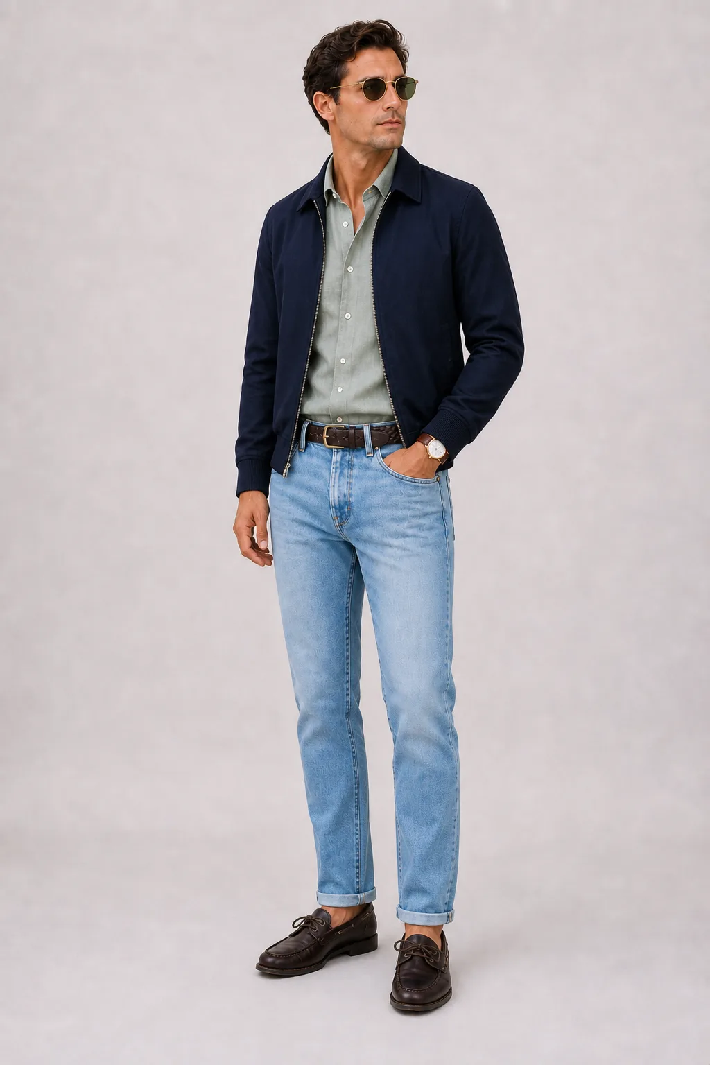 Harrington Blouson Navy über Leinenhemd Salbei, dazu Jeans Hellblau und Bootsschuh