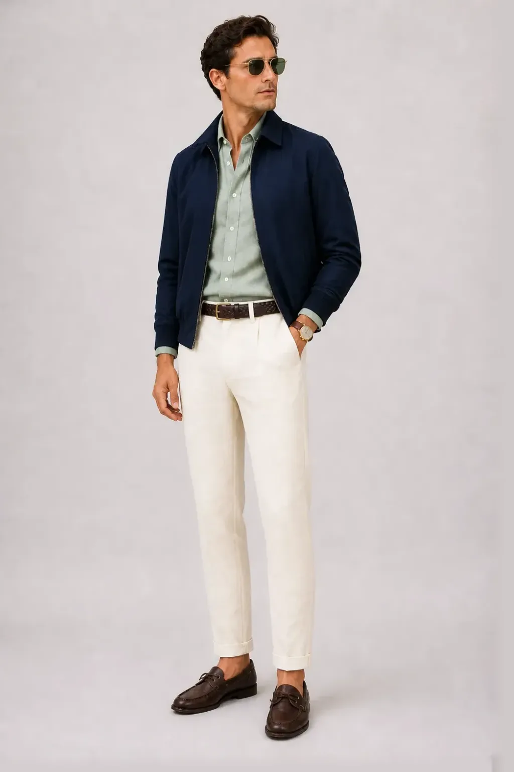 Harrington Blouson Navy über Leinenhemd Salbei, dazu Leinenhose Creme und Bootsschuh