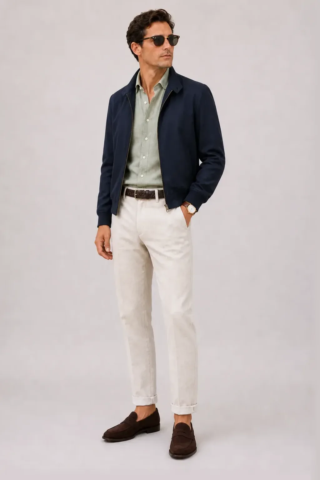 Harrington Blouson Navy über Leinenhemd Salbei, dazu Leinenhose Creme und Bootsschuh