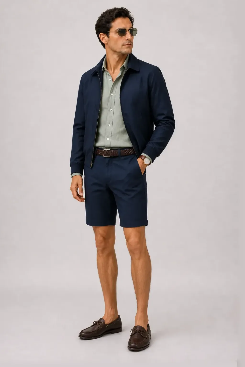 Harrington Blouson Navy über Leinenhemd Salbei, dazu Chino-Shorts Navy und Bootsschuh
