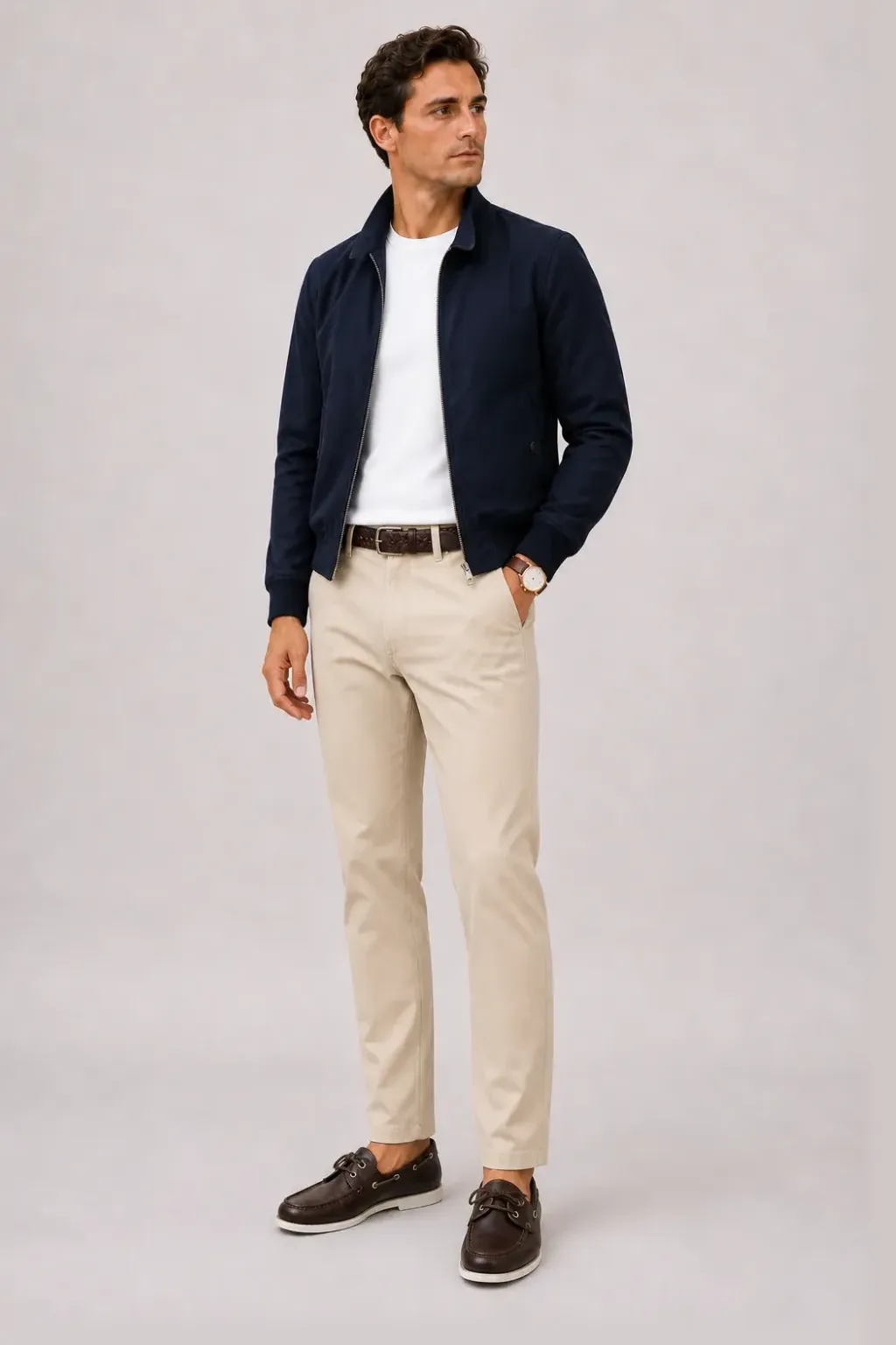 Harrington Blouson Navy über T-Shirt, dazu Chino Creme und Espadrille — Bootsschuh Dunkelbraun