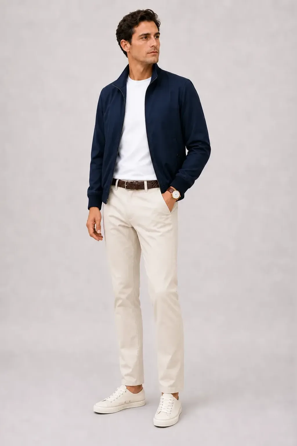 Harrington Blouson Navy über T-Shirt, dazu Chino Creme und Espadrille — Canvas Sneaker Off-White