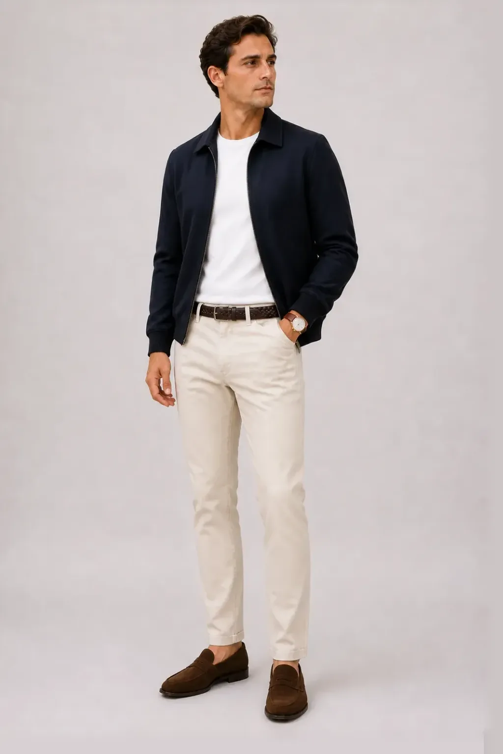 Harrington Blouson Navy über T-Shirt, dazu Chino Creme und Espadrille