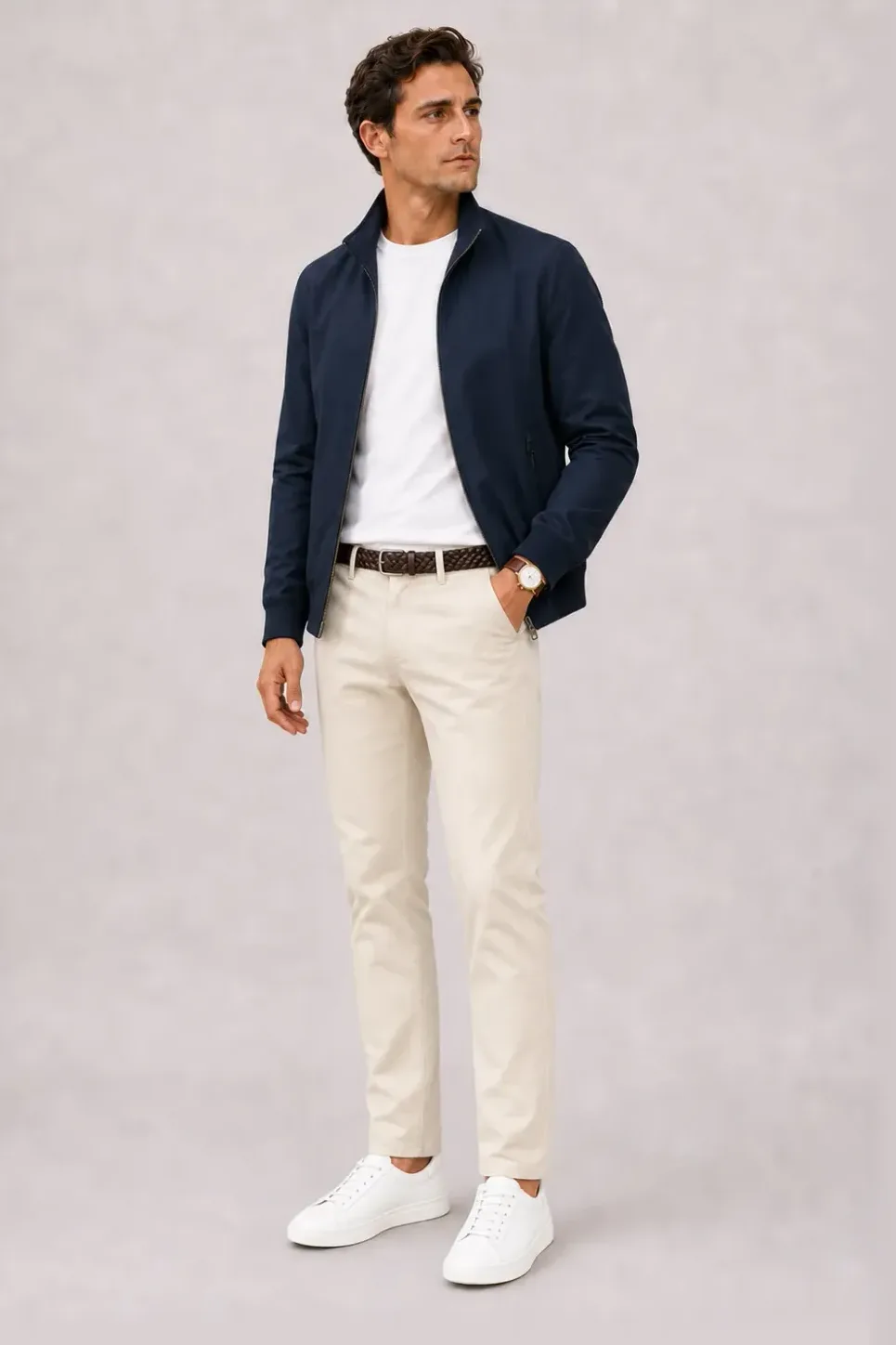 Harrington Blouson Navy über T-Shirt, dazu Chino Creme und Espadrille