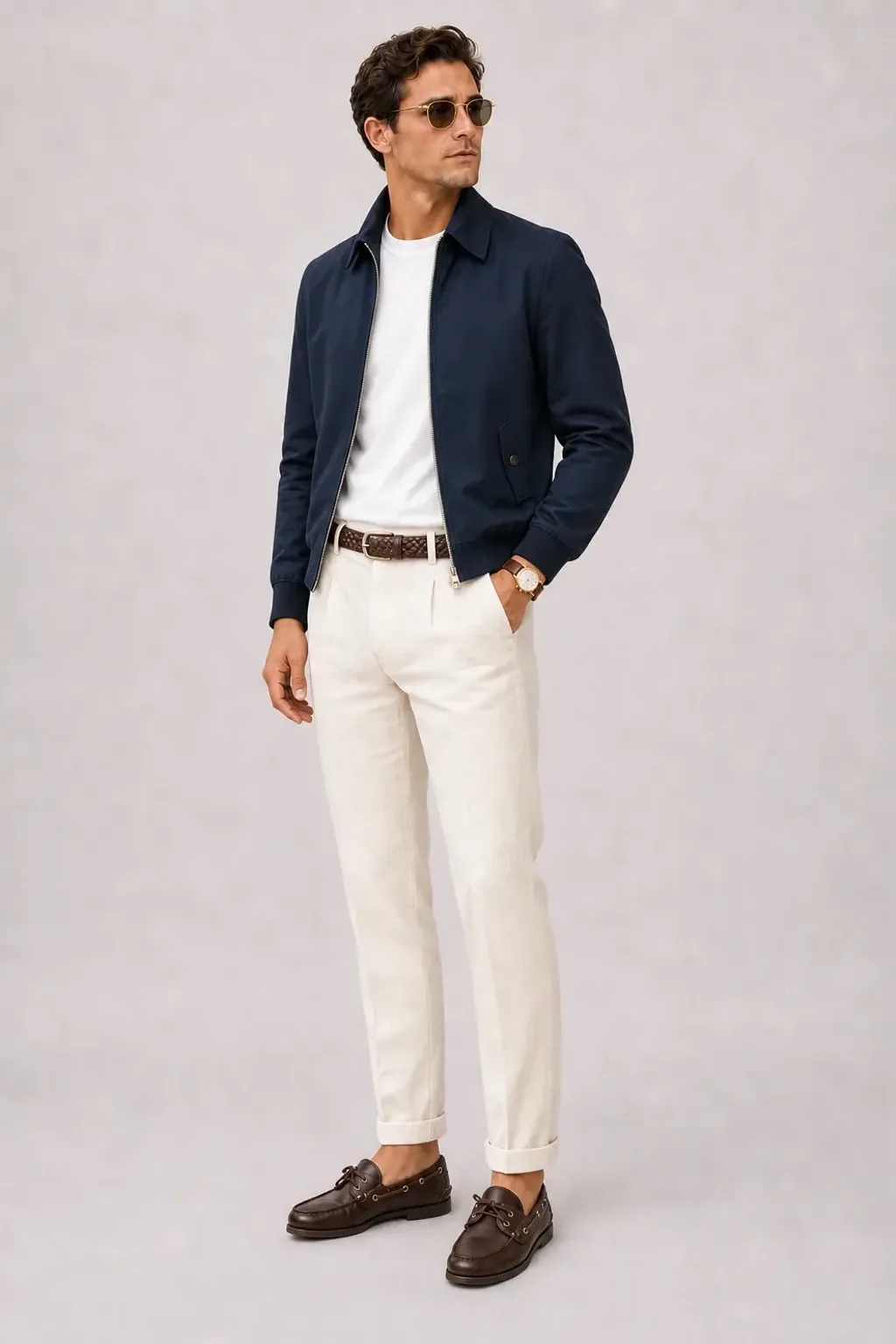 Harrington Blouson Navy über T-Shirt, dazu Leinenhose Creme und Bootsschuh
