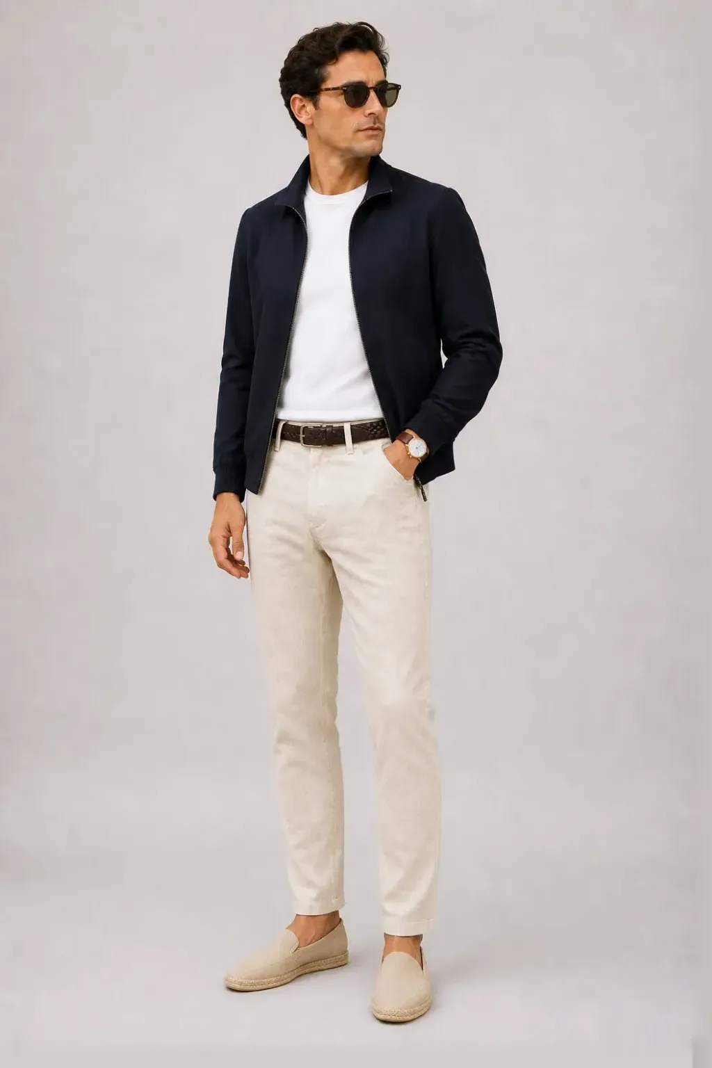 Harrington Blouson Navy über T-Shirt, dazu Leinenhose Creme und Bootsschuh