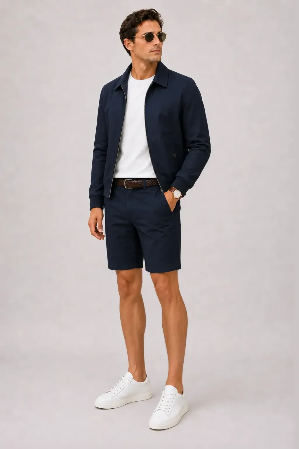 Harrington Blouson Navy über T-Shirt, dazu Chino-Shorts Navy und Sneaker