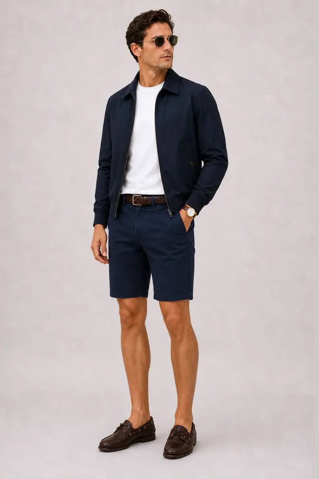 Harrington Blouson Navy über T-Shirt, dazu Chino-Shorts Navy und Sneaker