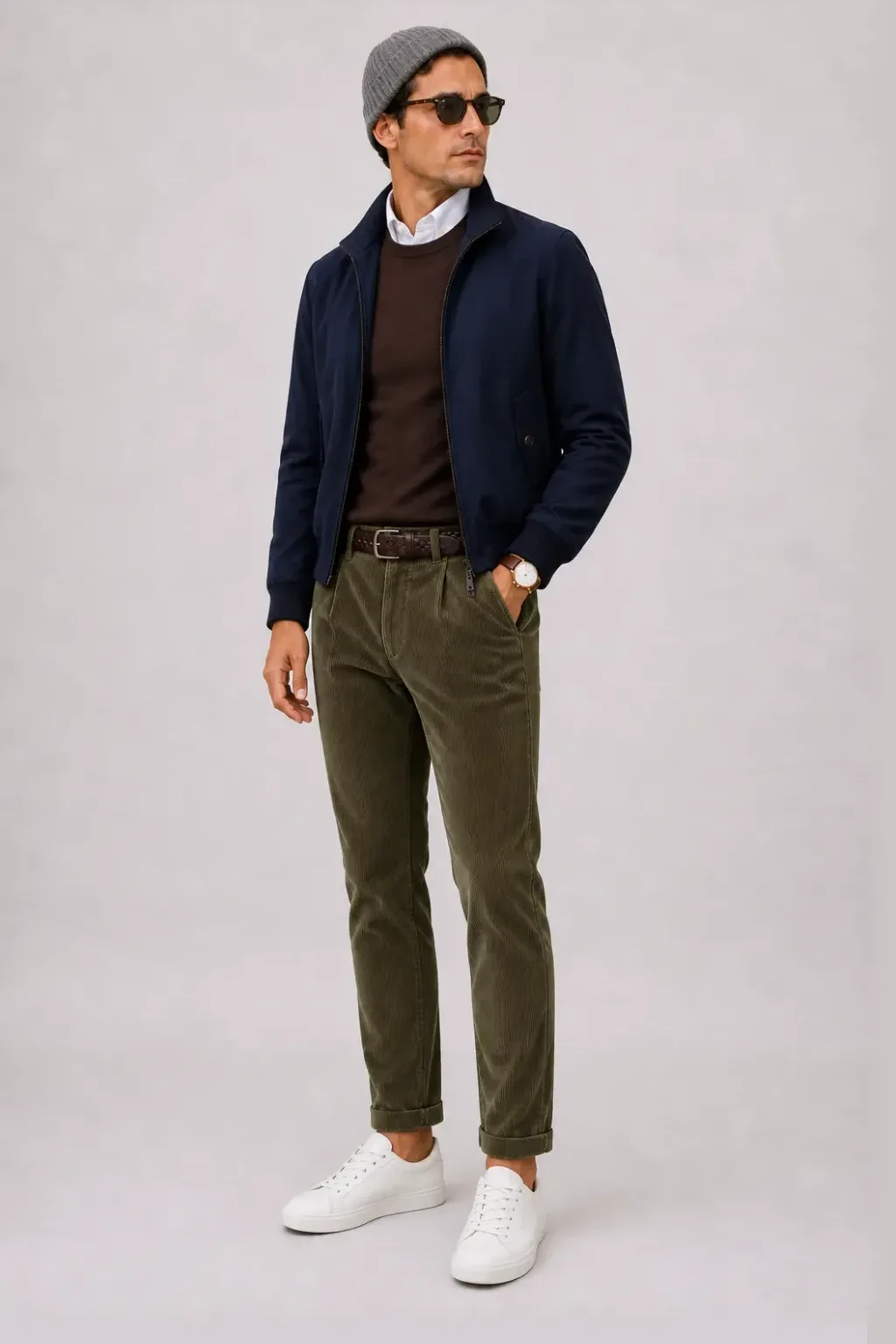 Harrington Blouson Navy über V-Neck-Pullover Feinstrick Schokobraun und Button-Down-Hemd Weiss, dazu Chino Oliv und Chelsea Boot — ≈ Crewneck-Pullover Feinstrick statt V-Neck-Pullover Feinstrick Cordhose statt Chino +1