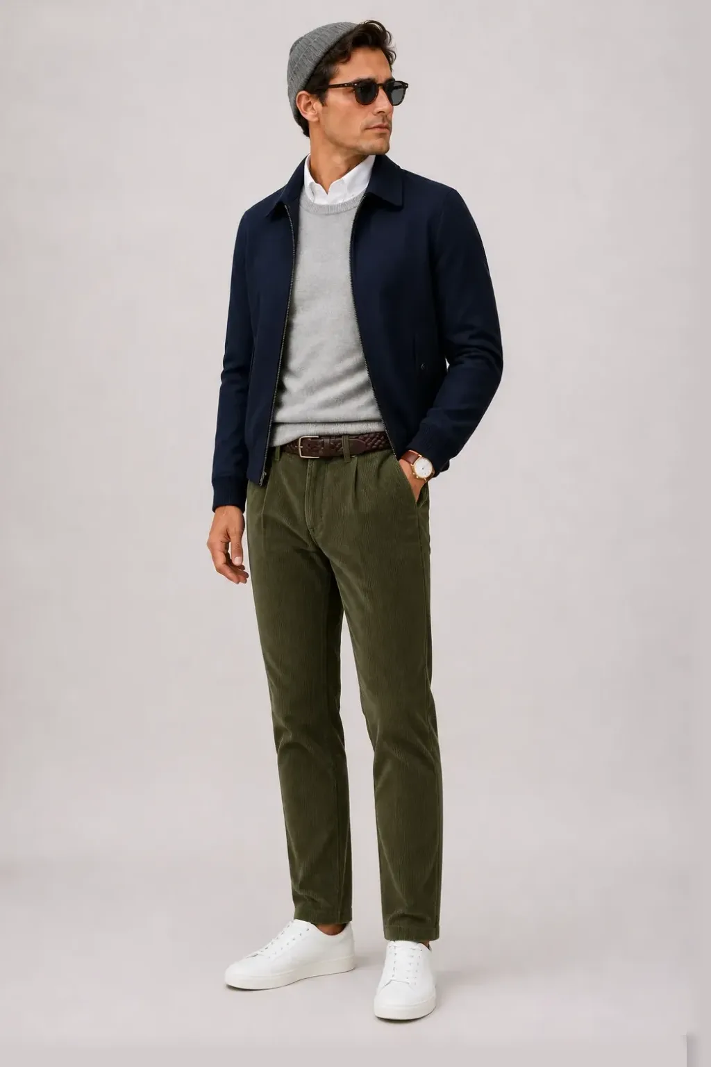Harrington Blouson Navy über Crewneck-Pullover Feinstrick Hellgrau und Button-Down-Hemd Weiss, dazu Cordhose Oliv und Sneaker