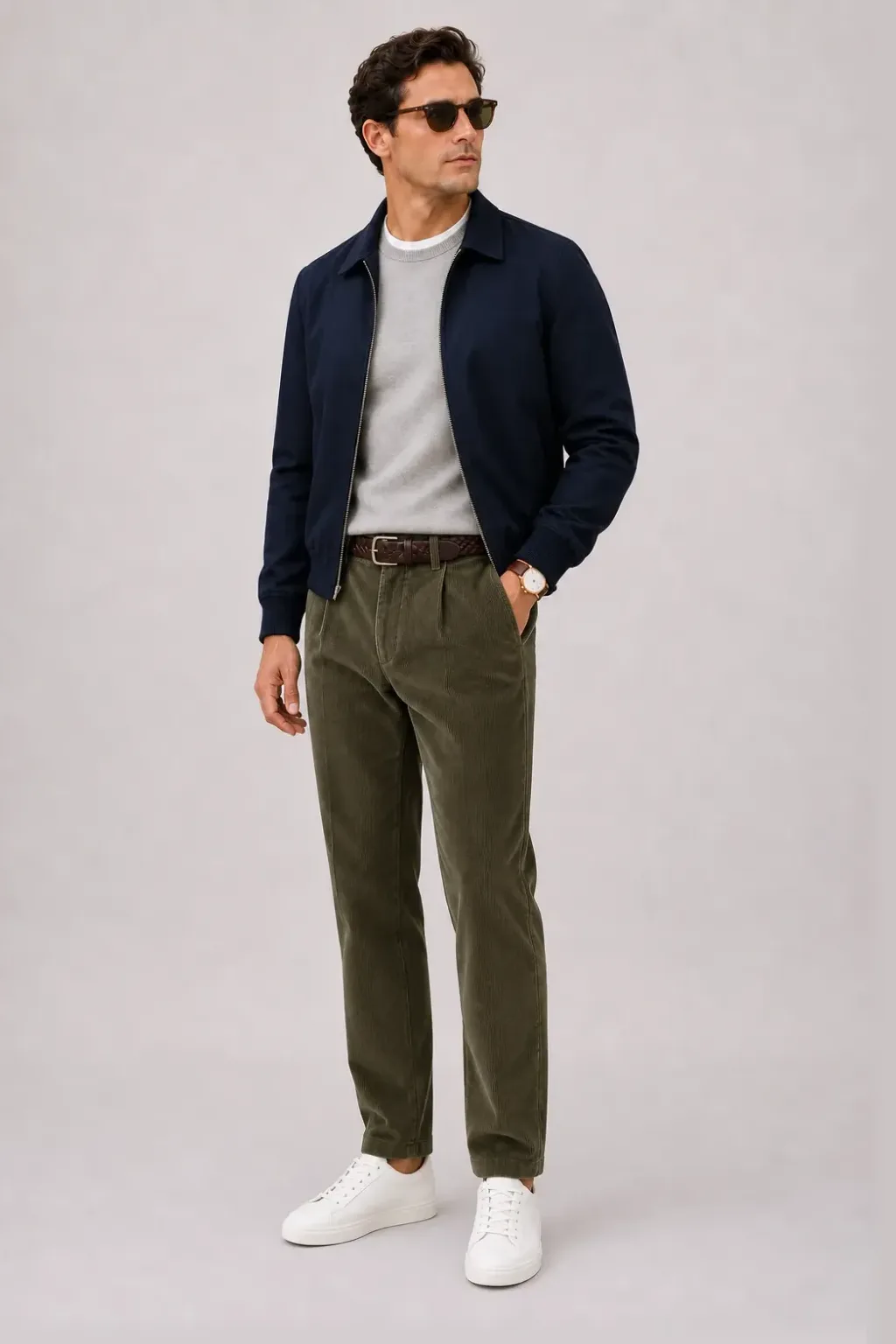 Harrington Blouson Navy über Crewneck-Pullover Feinstrick Hellgrau und Button-Down-Hemd Weiss, dazu Cordhose Oliv und Sneaker — T-Shirt Weiss