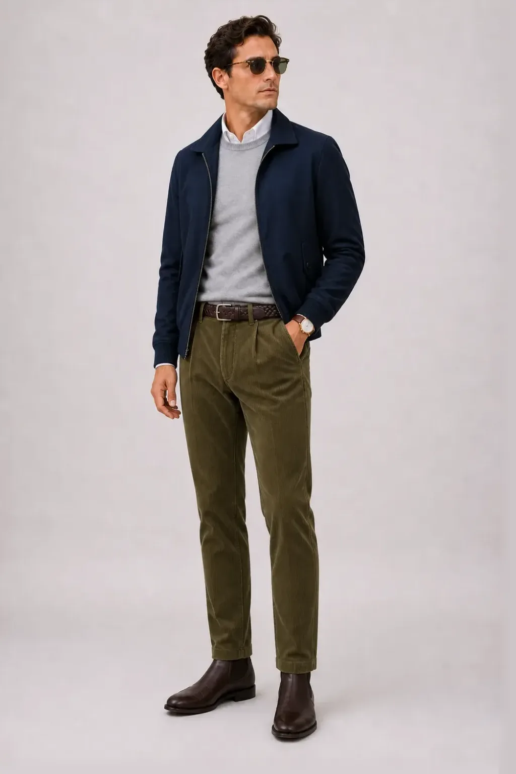 Harrington Blouson Navy über Crewneck-Pullover Feinstrick Hellgrau und Button-Down-Hemd Weiss, dazu Cordhose Oliv und Sneaker