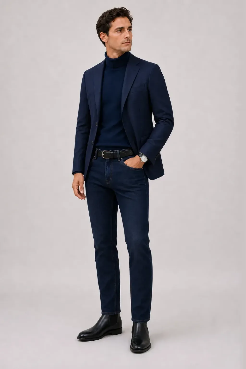 Sakko Navy über Rollkragenpullover, dazu Jeans Navy und Chelsea Boot