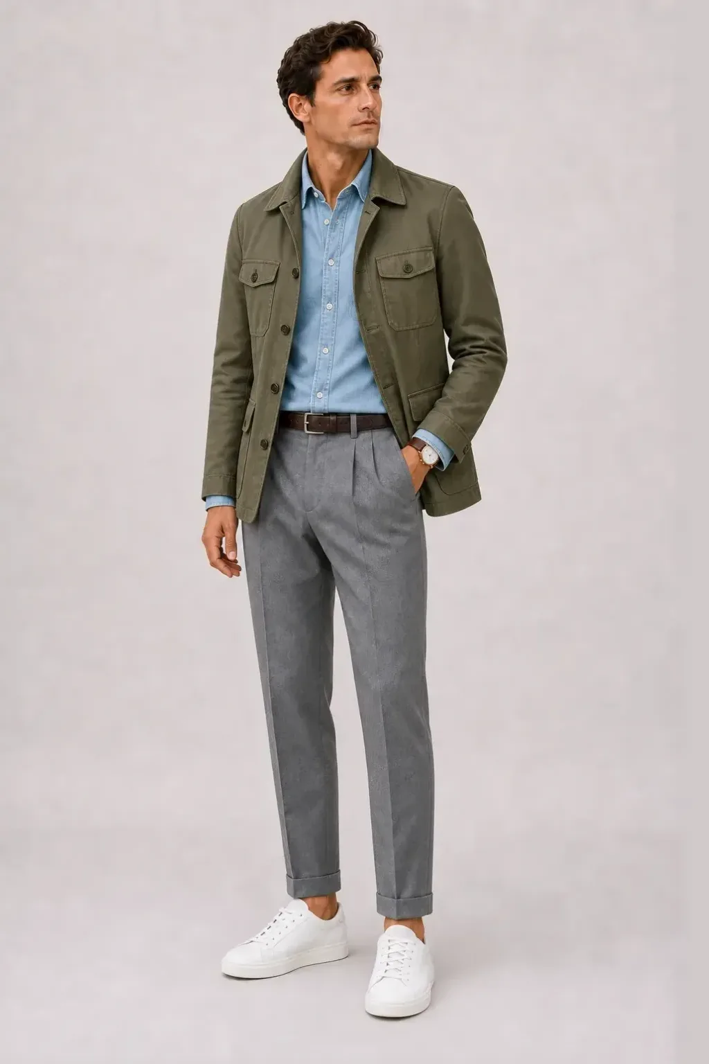 Field Jacket Oliv über Denim-Hemd, dazu Bundfaltenhose Mittelgrau und Sneaker