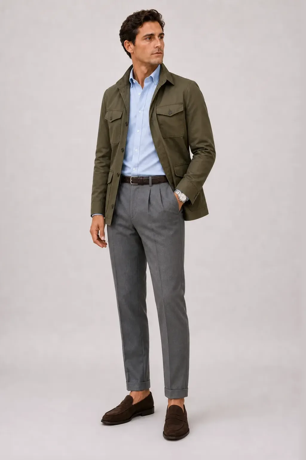 Field Jacket Oliv über Button-Down-Hemd, dazu Bundfaltenhose Mittelgrau und Penny Loafer Wildleder