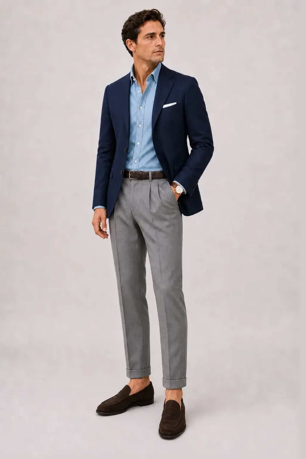 Sakko Navy über Denim-Hemd, dazu Bundfaltenhose Mittelgrau und Penny Loafer Wildleder