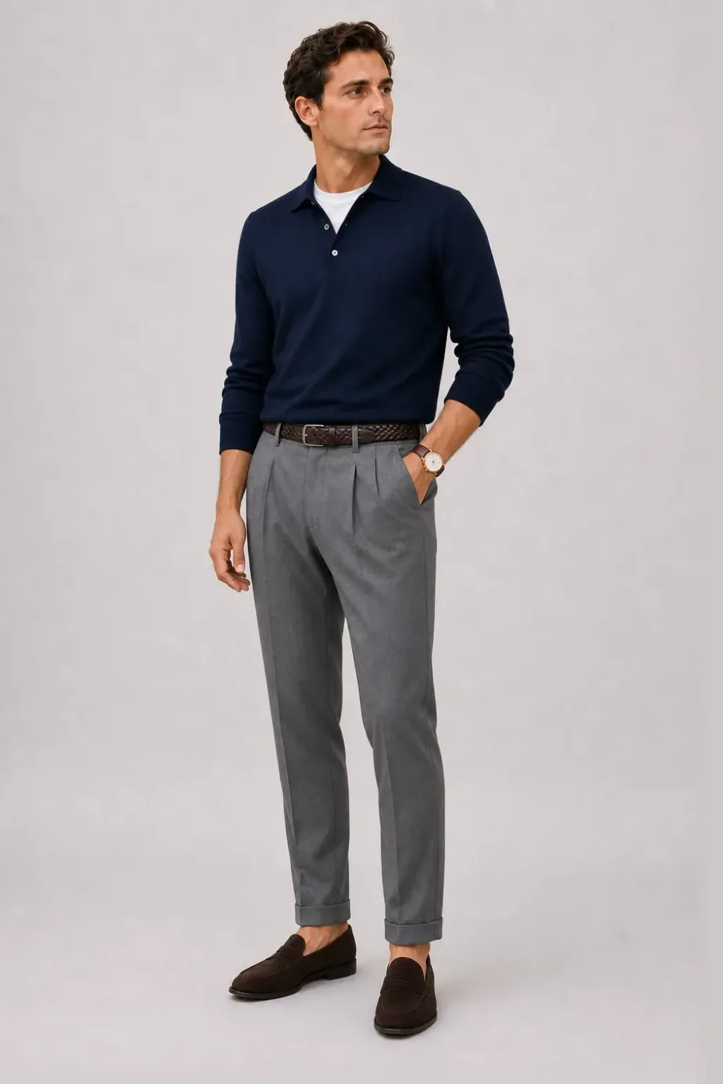 Poloshirt Navy über T-Shirt, dazu Bundfaltenhose Mittelgrau und Penny Loafer Wildleder