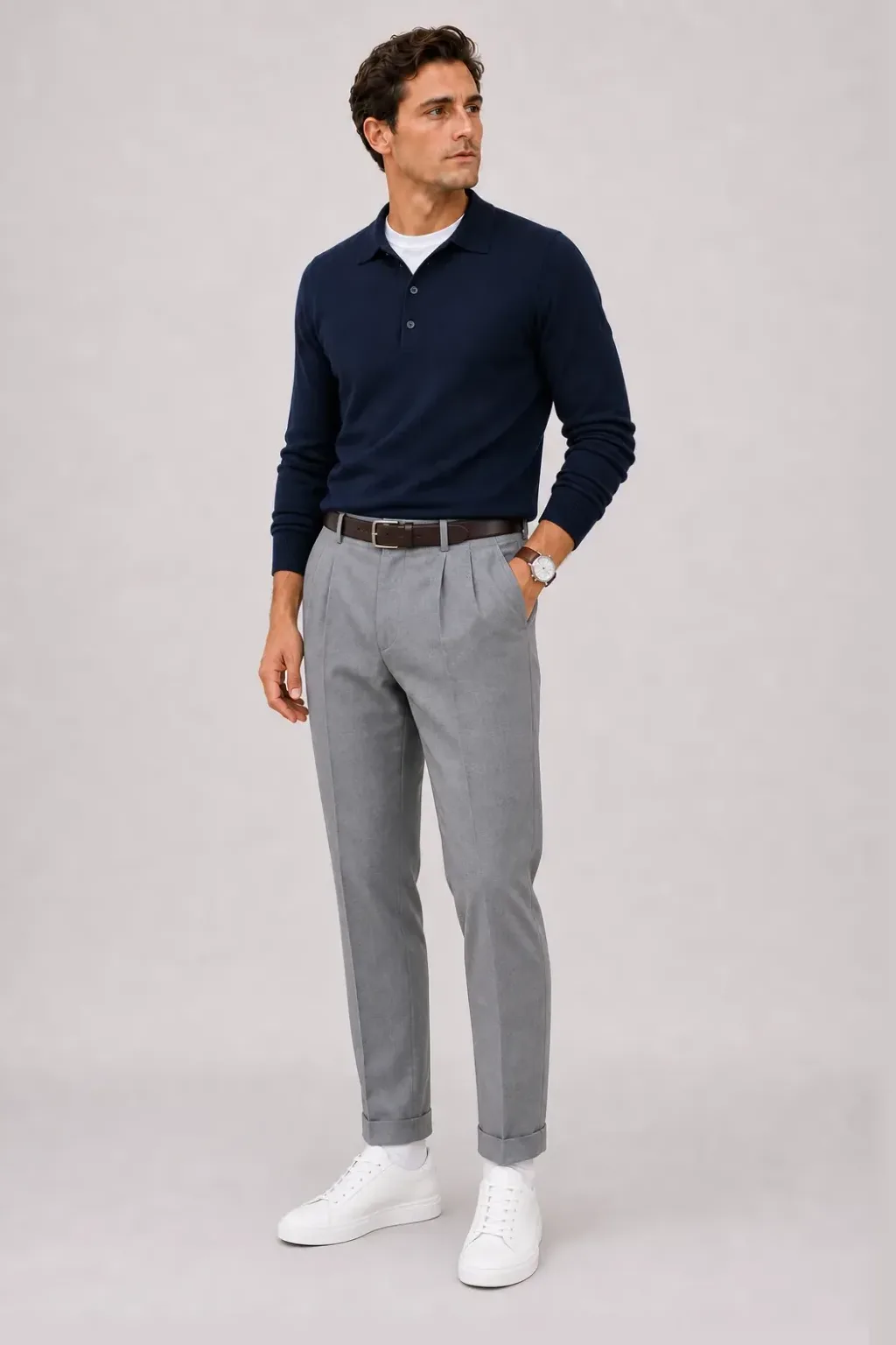 Poloshirt Navy über T-Shirt, dazu Bundfaltenhose Mittelgrau und Penny Loafer Wildleder