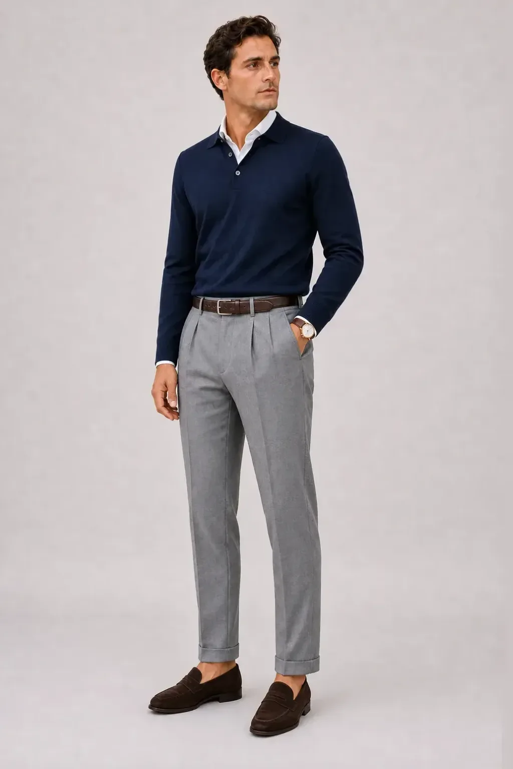 Poloshirt Navy über Button-Down-Hemd, dazu Bundfaltenhose Mittelgrau und Penny Loafer Wildleder