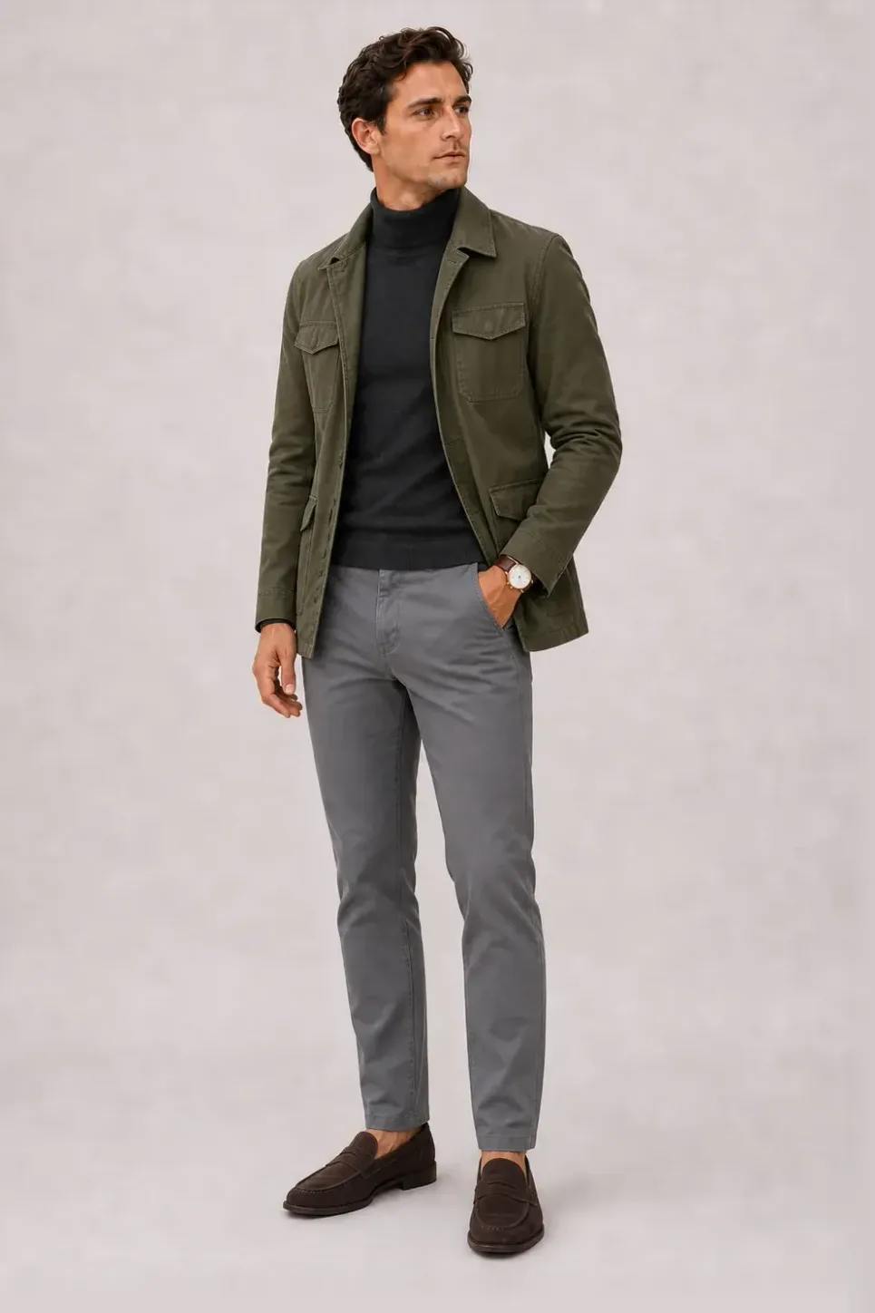 Field Jacket Oliv über Rollkragenpullover, dazu Chino Mittelgrau und Penny Loafer Wildleder