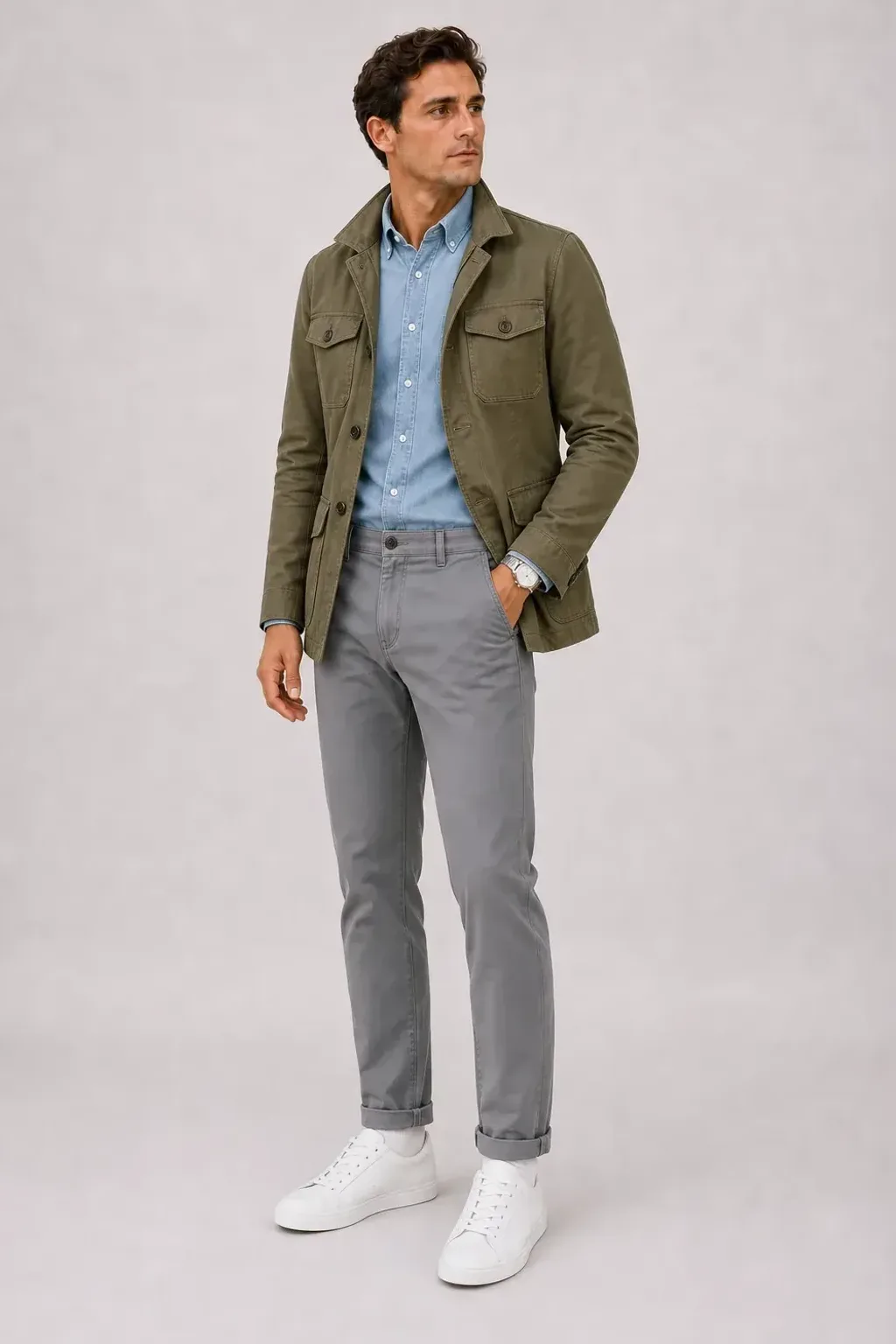 Field Jacket Oliv über Denim-Hemd, dazu Chino Mittelgrau und Sneaker