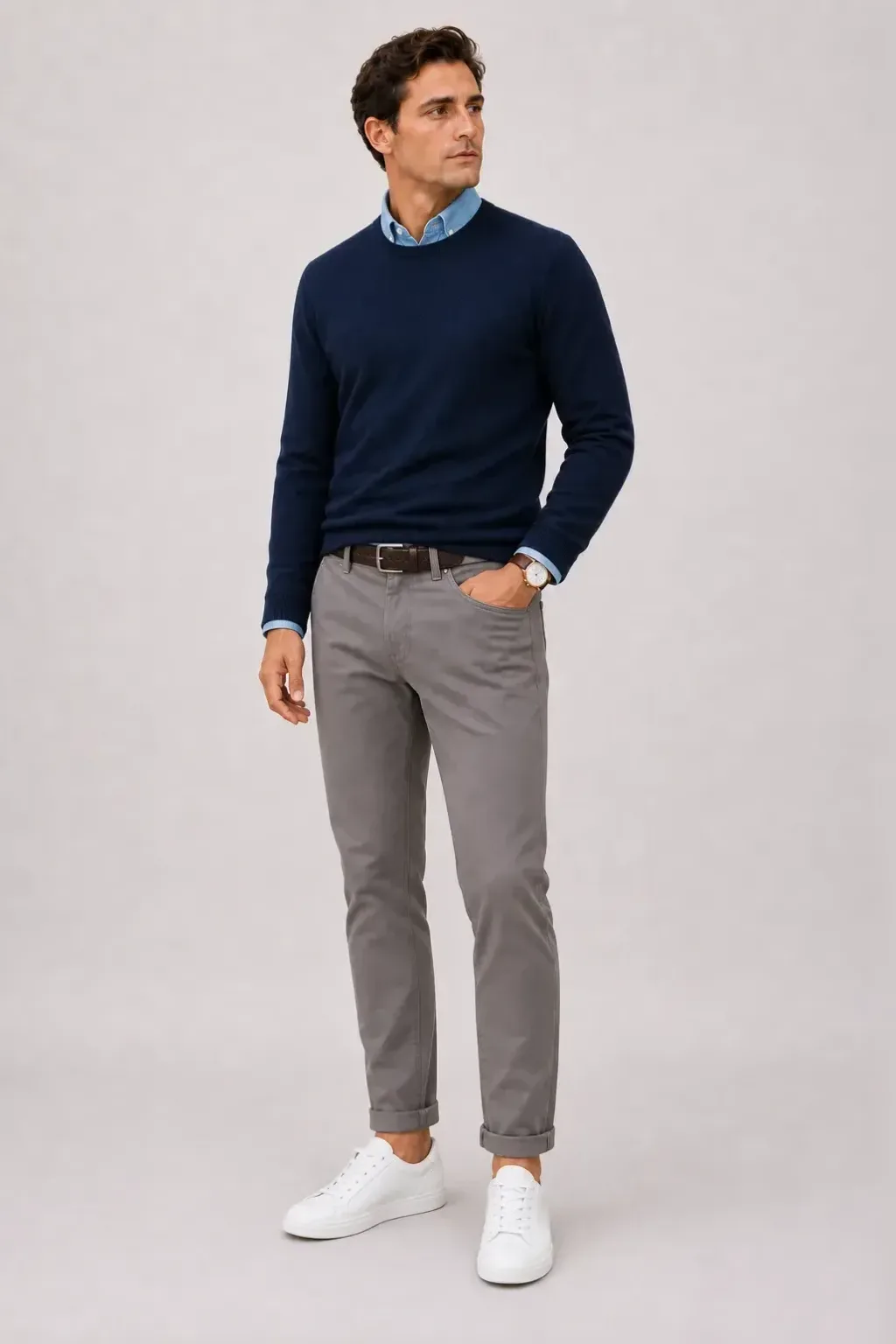Crewneck-Pullover Feinstrick Navy über Denim-Hemd, dazu Chino Mittelgrau und Sneaker