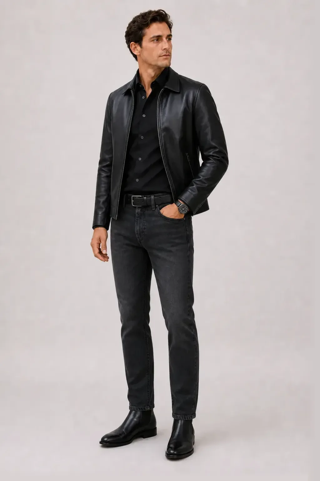 Lederjacke Schwarz über T-Shirt Bordeaux, dazu Jeans Dunkelgrau und Chelsea Boot — Button-Down-Hemd Schwarz