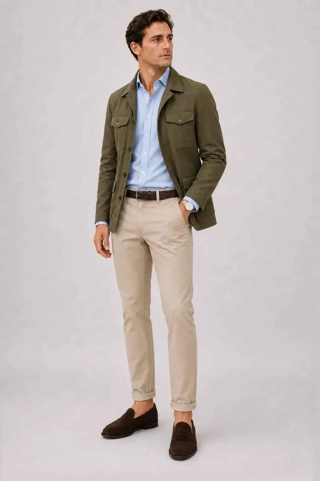 Field Jacket Oliv über Button-Down-Hemd, dazu Chino Beige und Penny Loafer Wildleder