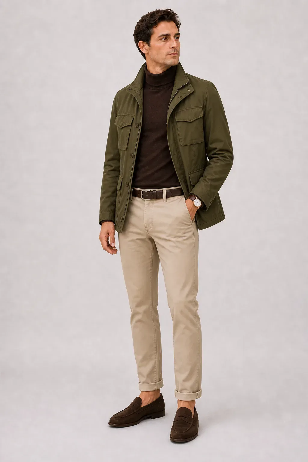 Field Jacket Oliv über Rollkragenpullover, dazu Chino Beige und Penny Loafer Wildleder