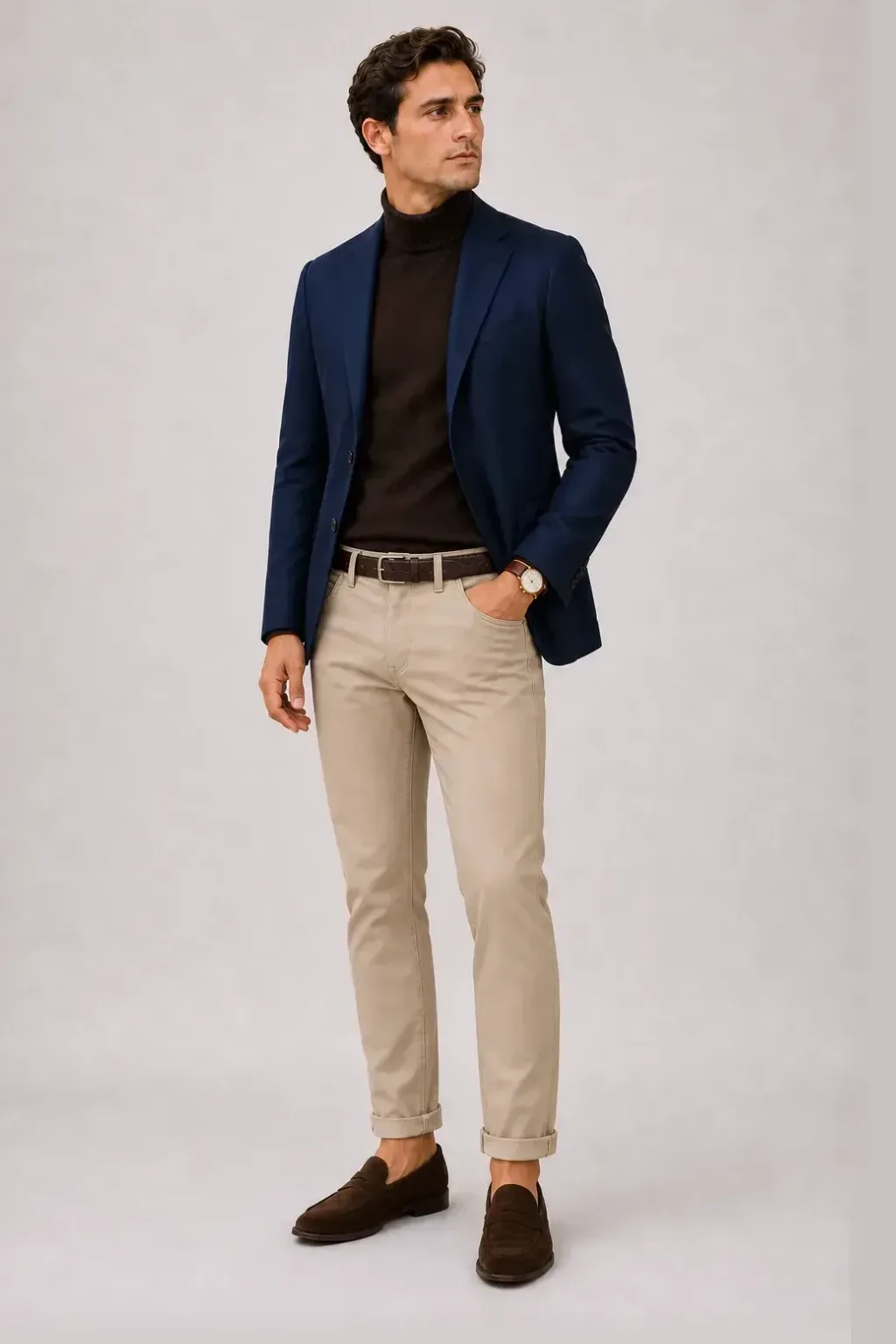 Sakko Navy über Rollkragenpullover, dazu Chino Beige und Penny Loafer Wildleder