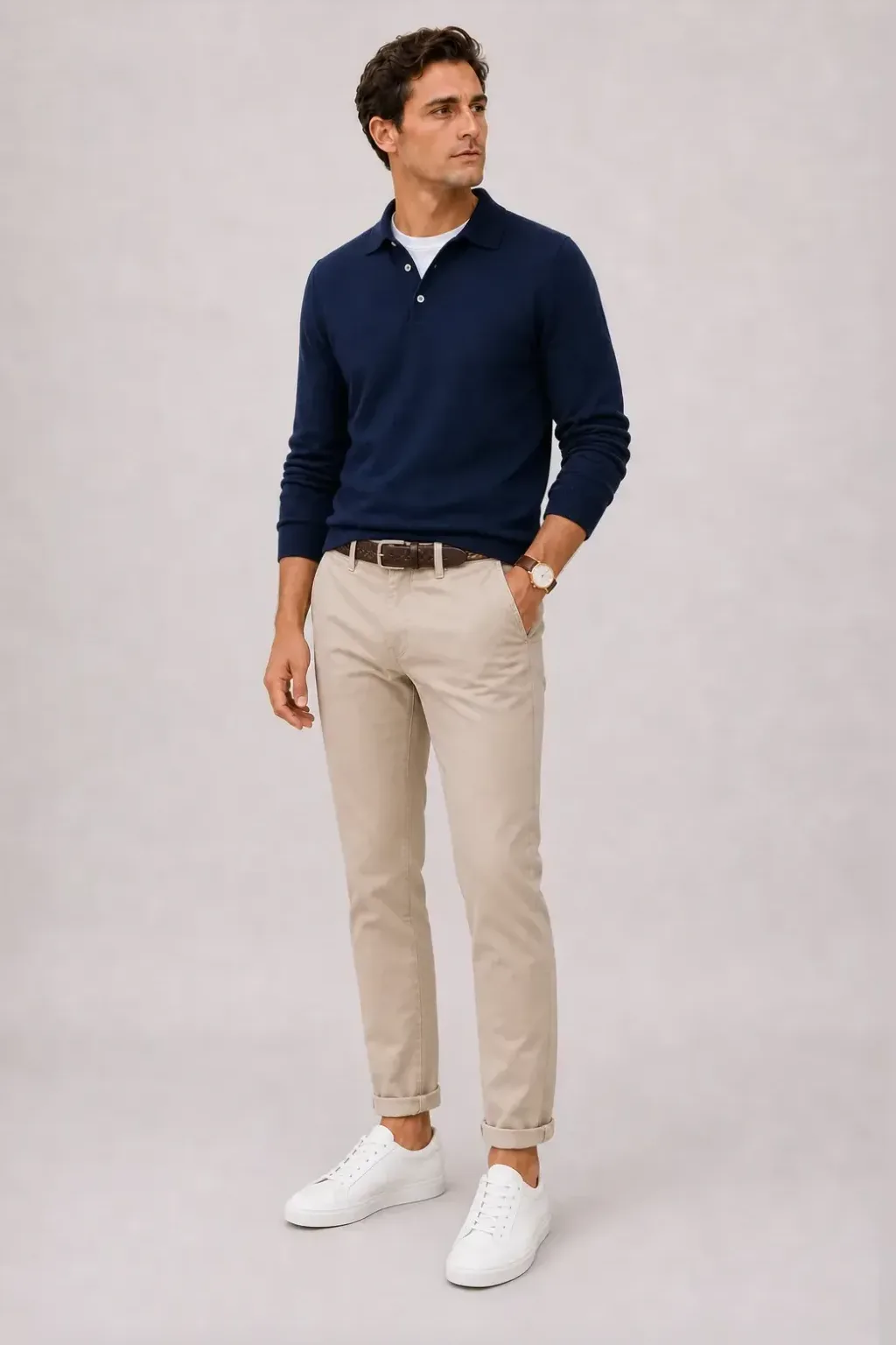 Poloshirt Navy über T-Shirt, dazu Chino Beige und Sneaker