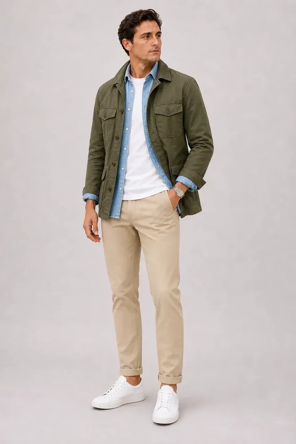 Field Jacket Oliv über Denim-Hemd, dazu Chino Beige und Sneaker