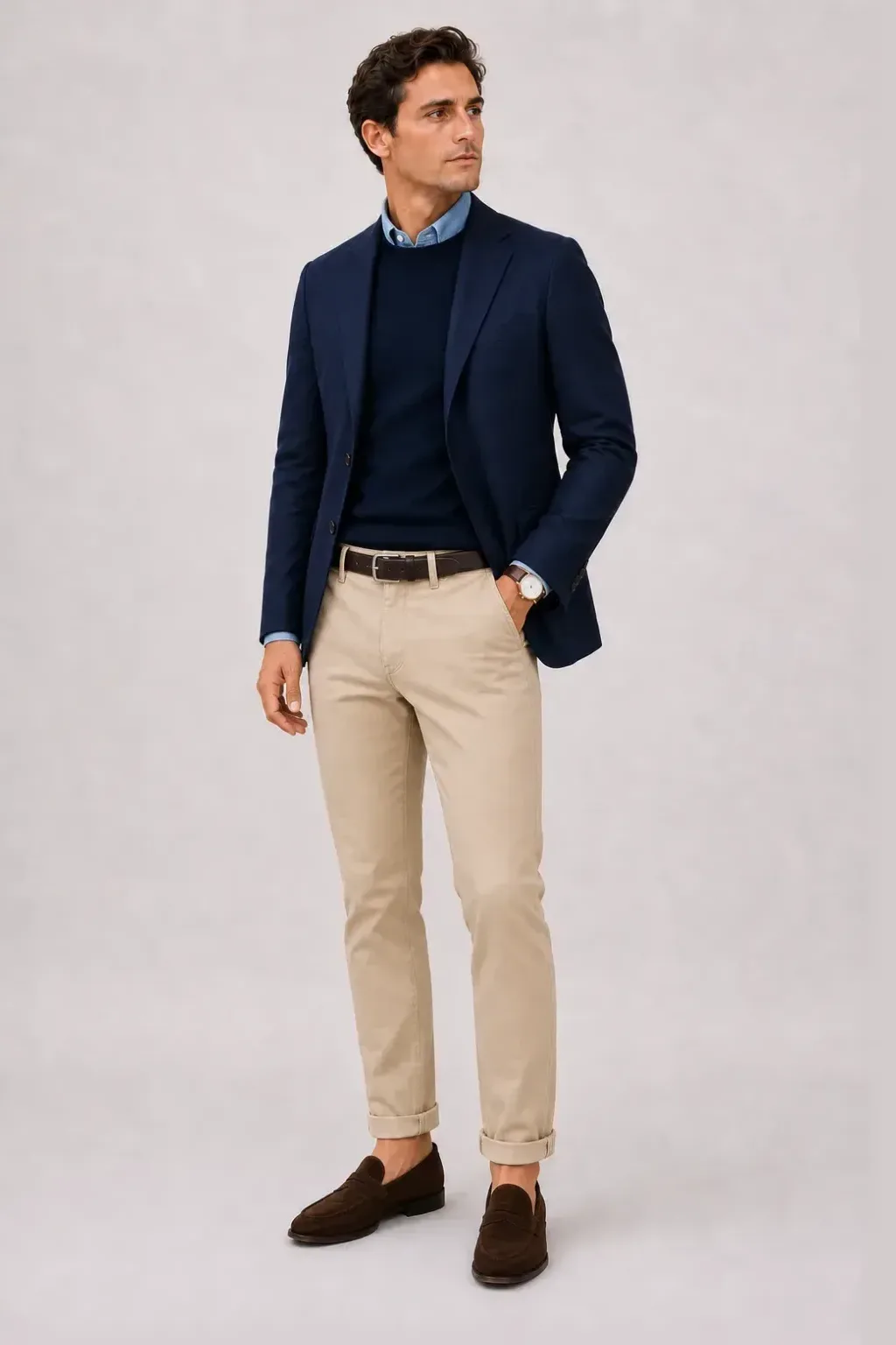 Sakko Navy über Crewneck-Pullover Feinstrick Navy und Denim-Hemd Hellblau, dazu Chino Beige und Penny Loafer Wildleder