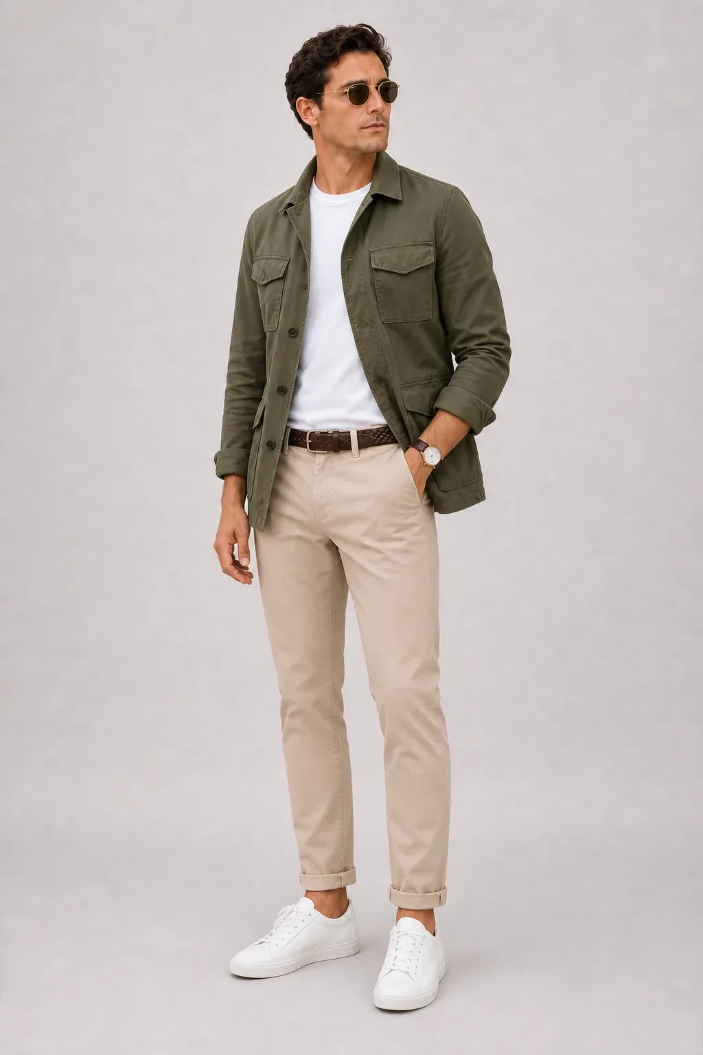 Sakko Navy über T-Shirt, dazu Chino Beige und Sneaker — Field Jacket Oliv