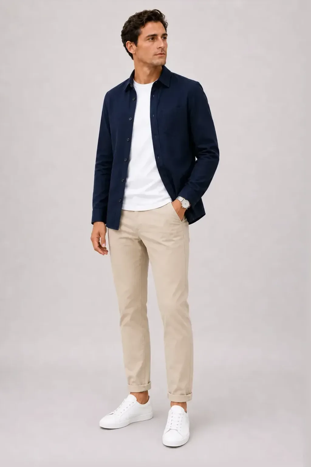 Overshirt Navy über T-Shirt, dazu Chino Beige und Sneaker