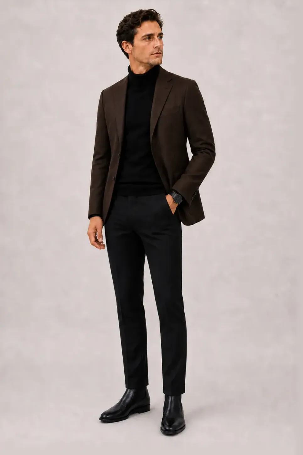 Sakko Dunkelbraun über Rollkragenpullover, dazu Bundfaltenhose Schwarz und Chelsea Boot
