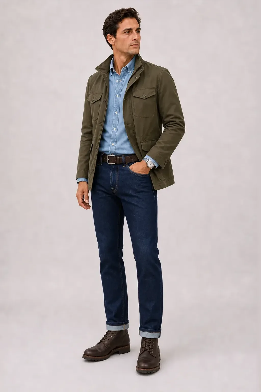 Field Jacket Oliv über Denim-Hemd, dazu Jeans Navy und Work Boot