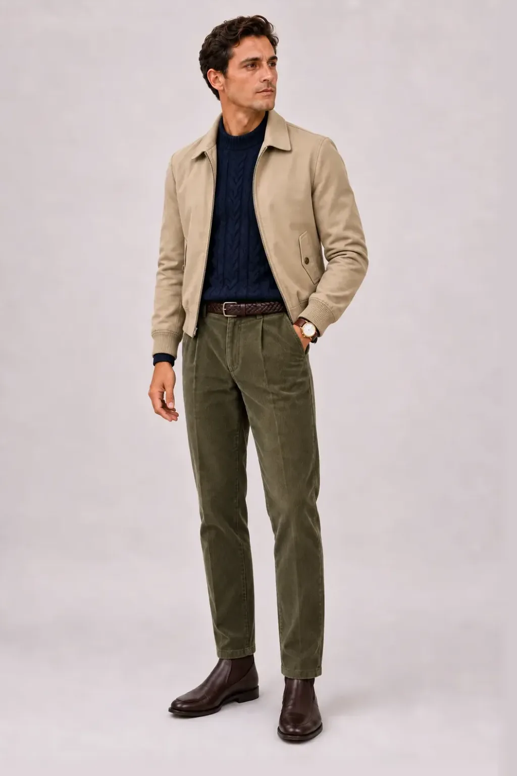 Harrington Blouson Beige über Zopfstrick-Pullover, dazu Cordhose Oliv und Work Boot — Chelsea Boot Dunkelbraun