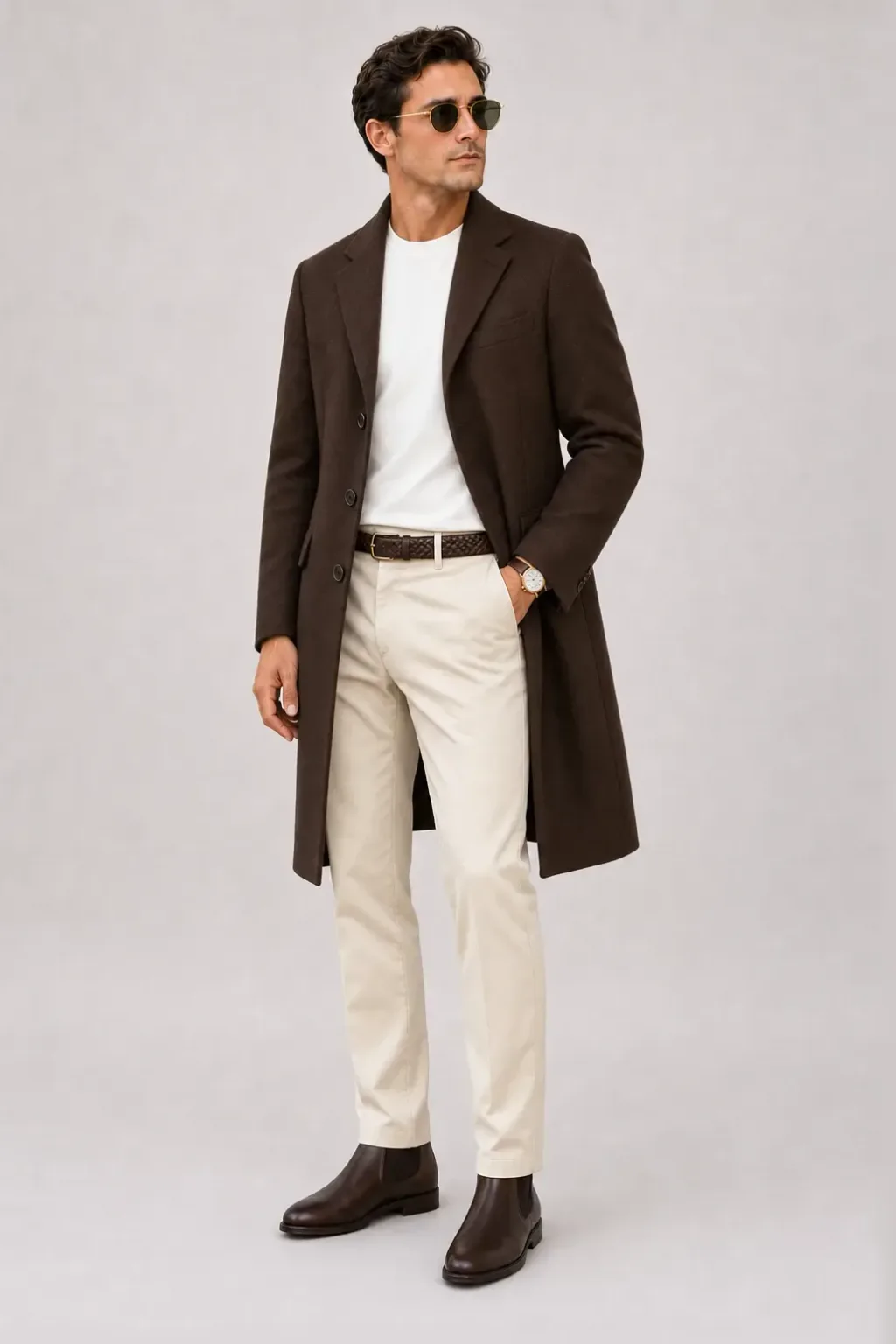 Langer Mantel Dunkelbraun über T-Shirt Weiss, dazu Chino Creme und Chelsea Boot