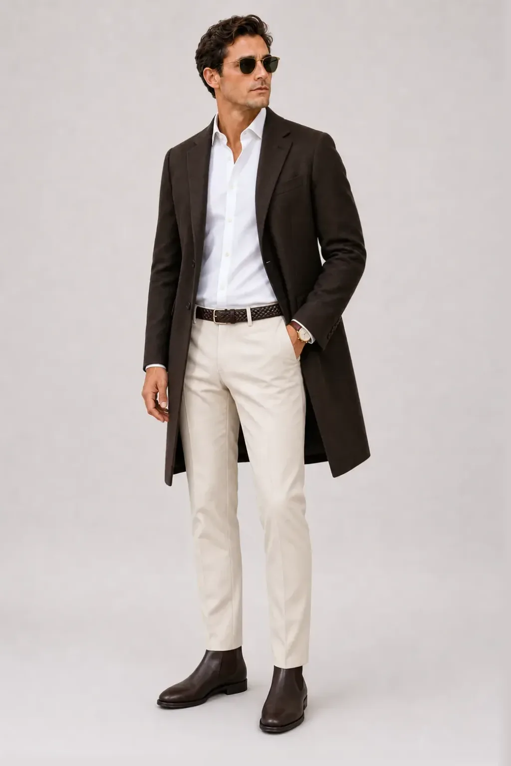 Langer Mantel Dunkelbraun über Button-Down-Hemd, dazu Chino Creme und Chelsea Boot