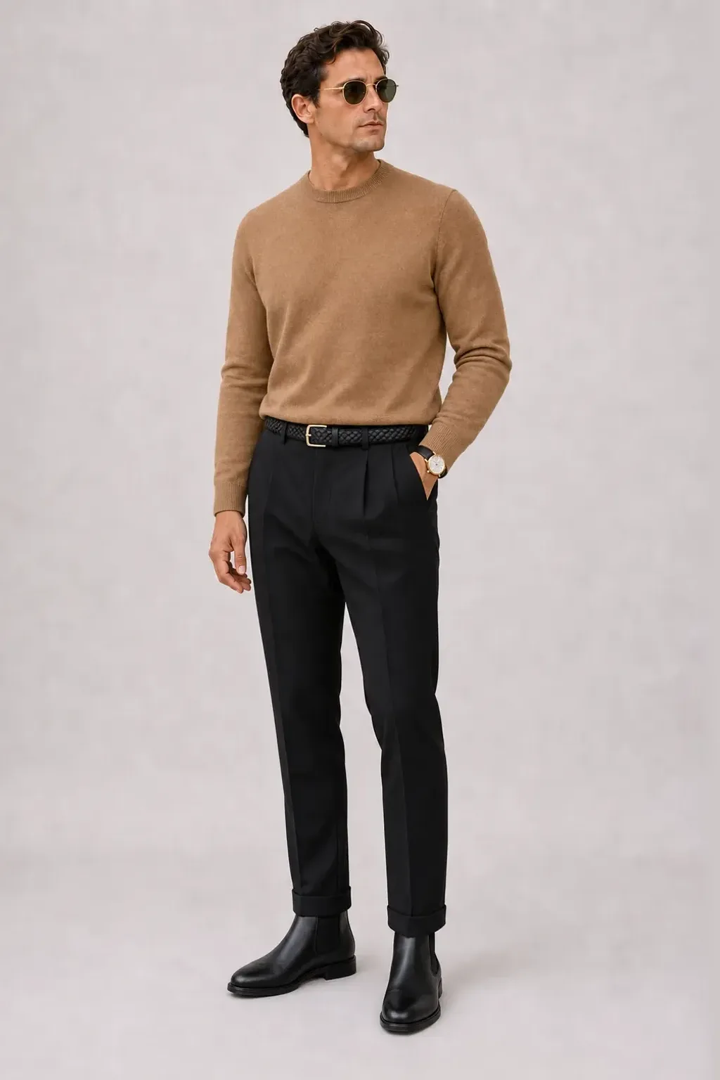 Crewneck-Pullover Feinstrick Camel, dazu Bundfaltenhose Schwarz und Chelsea Boot