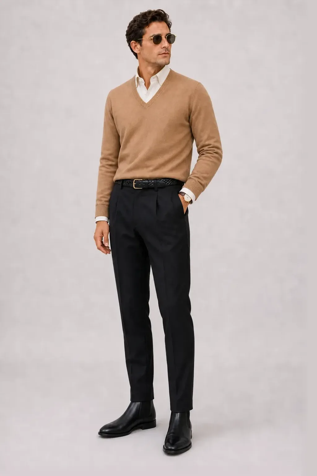 V-Neck-Pullover Feinstrick Camel über Button-Down-Hemd, dazu Bundfaltenhose Schwarz und Chelsea Boot
