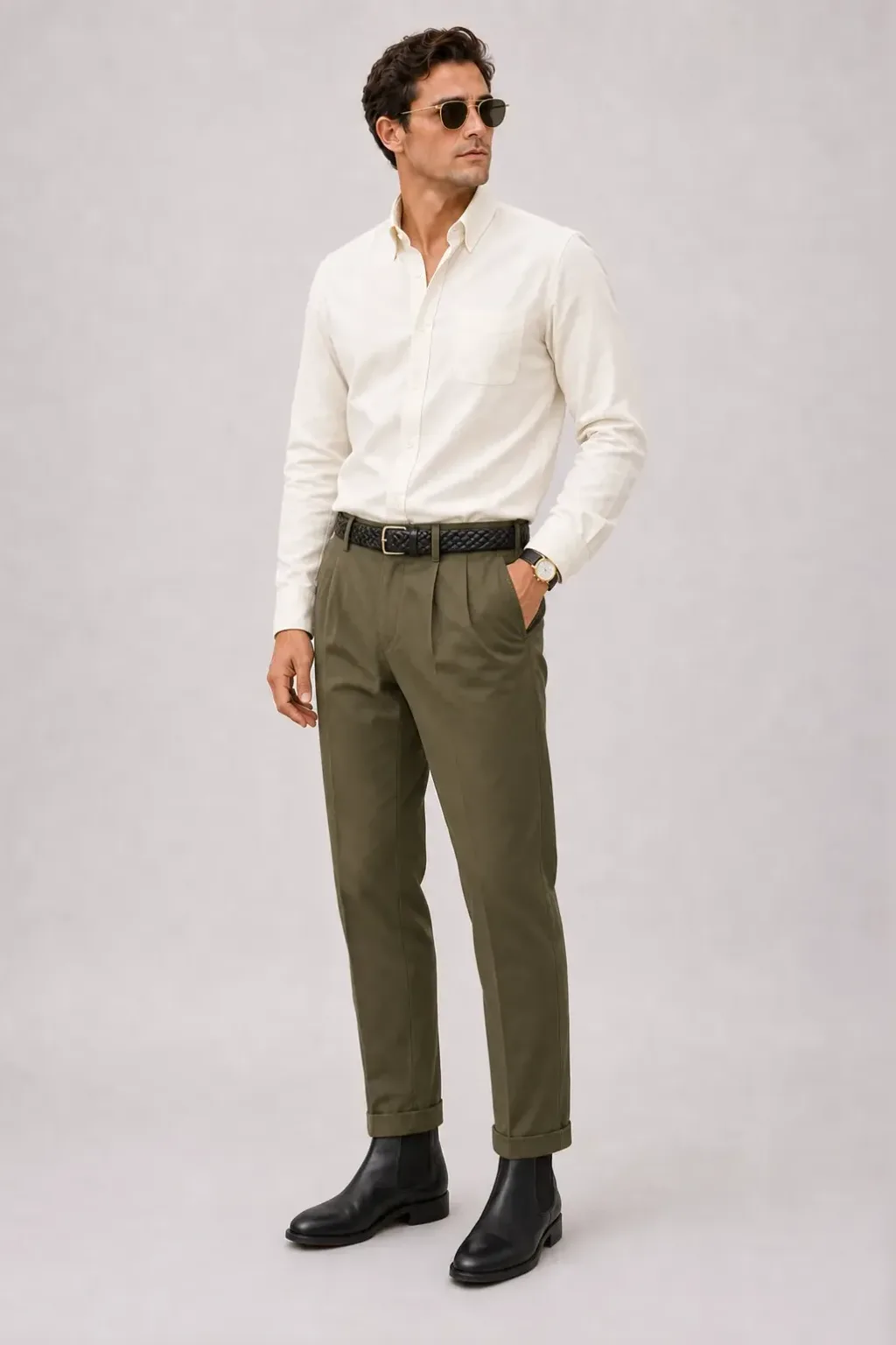 Button-Down-Hemd Creme, dazu Bundfaltenhose Oliv und Chelsea Boot