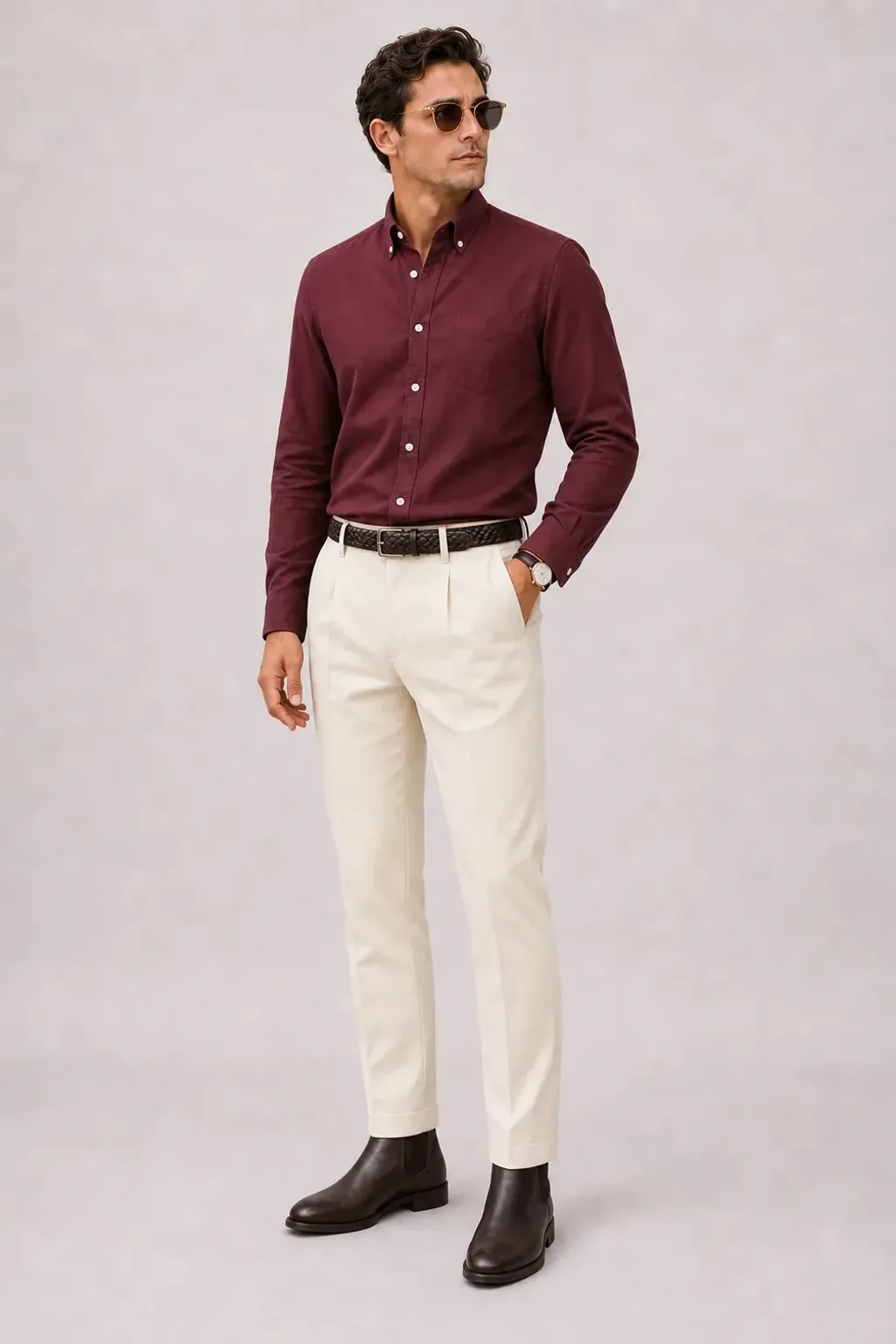 Button-Down-Hemd Bordeaux, dazu Bundfaltenhose Creme und Chelsea Boot