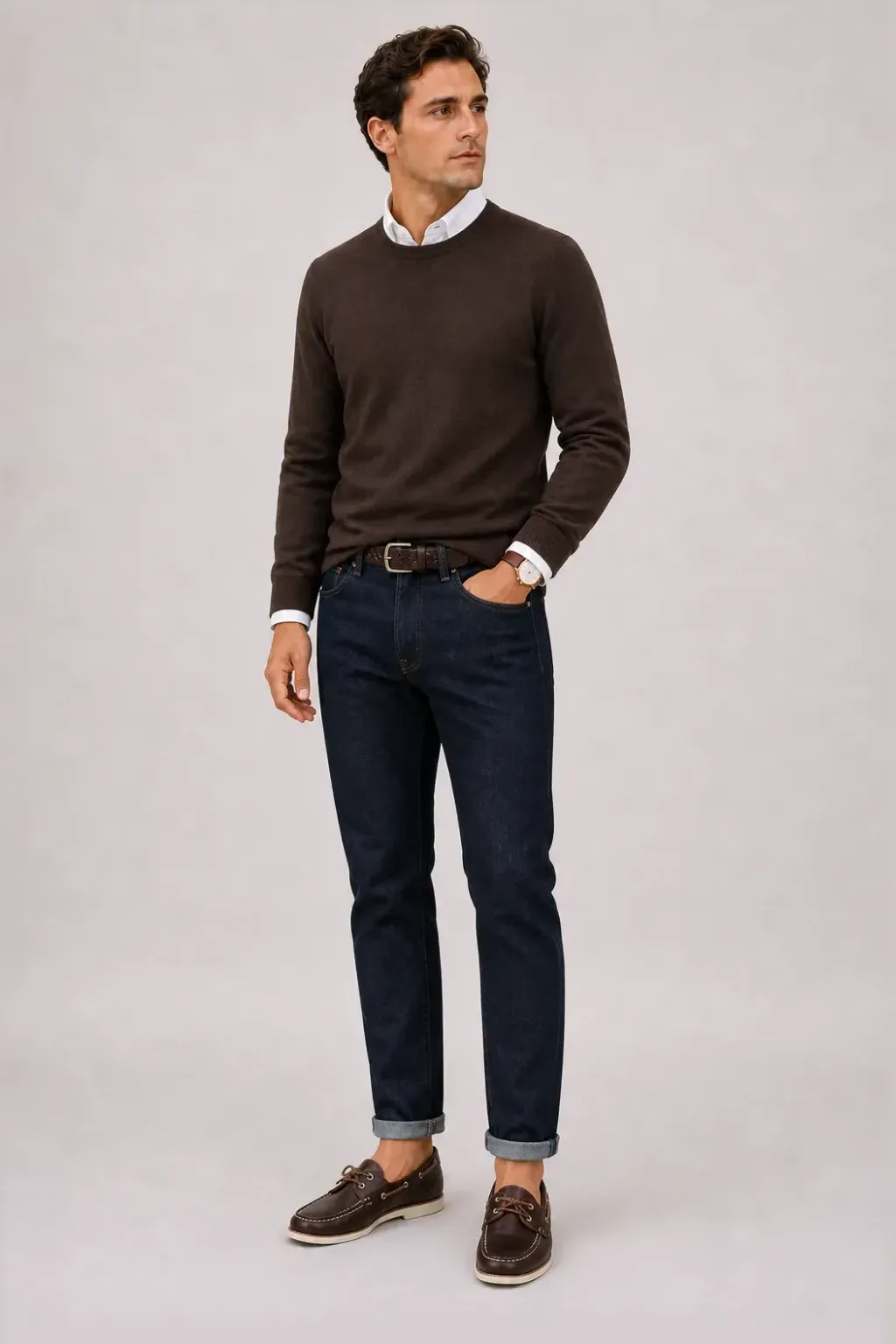 Crewneck-Pullover Feinstrick Schokobraun über Button-Down-Hemd, dazu Jeans Navy und Bootsschuh